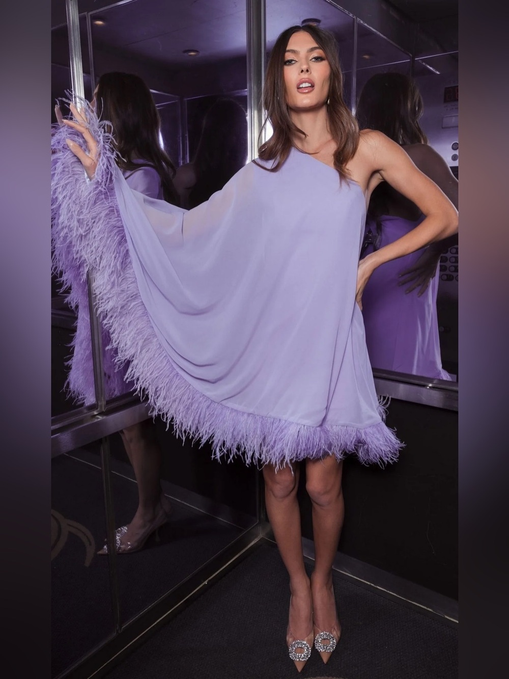 Anthropologie Mac Duggal One Shoulder Feather Hem Mini Dress